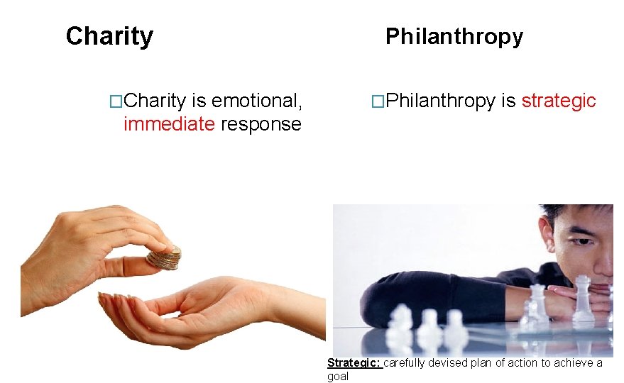 Charity �Charity is emotional, Philanthropy �Philanthropy is strategic immediate response Strategic: carefully devised plan