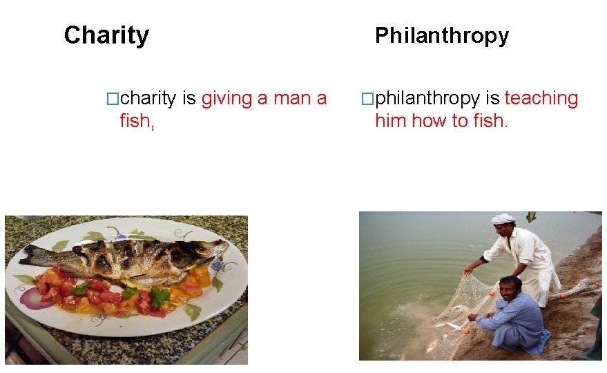 Charity �charity is giving a man a fish, Philanthropy �philanthropy is teaching him how