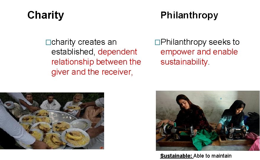 Charity �charity creates an established, dependent relationship between the giver and the receiver, Philanthropy