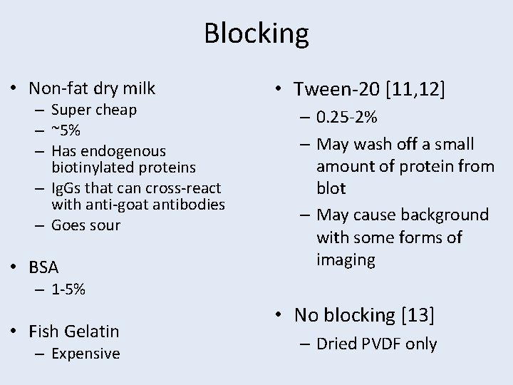 Blocking • Non-fat dry milk – Super cheap – ~5% – Has endogenous biotinylated