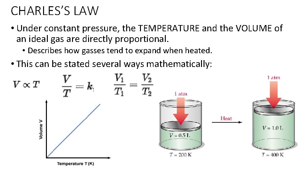 CHARLES’S LAW • Under constant pressure, the TEMPERATURE and the VOLUME of an ideal