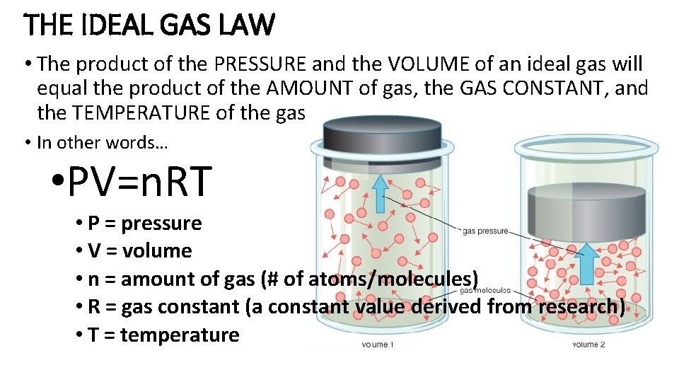 THE IDEAL GAS LAW • The product of the PRESSURE and the VOLUME of