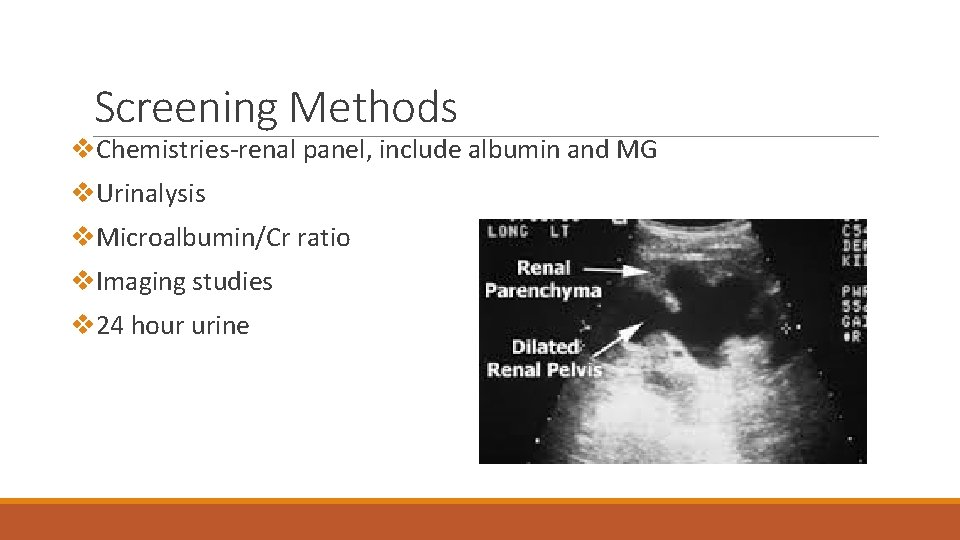 Screening Methods v. Chemistries-renal panel, include albumin and MG v. Urinalysis v. Microalbumin/Cr ratio