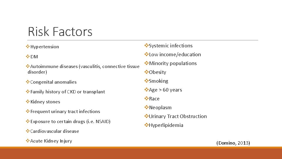 Risk Factors v. Hypertension v. Systemic infections v. DM v. Low income/education v. Minority