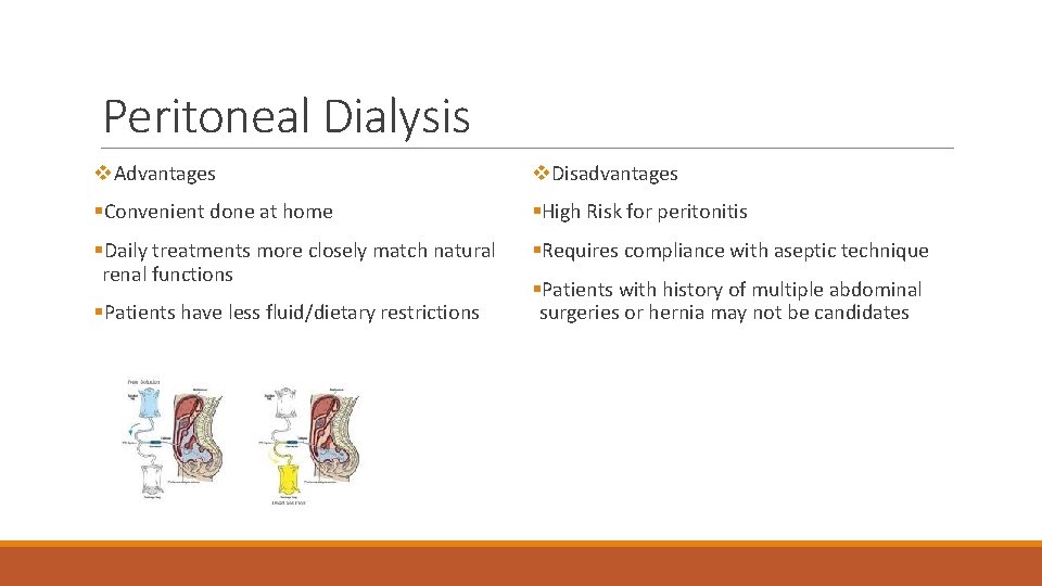 Peritoneal Dialysis v. Advantages v. Disadvantages §Convenient done at home §High Risk for peritonitis