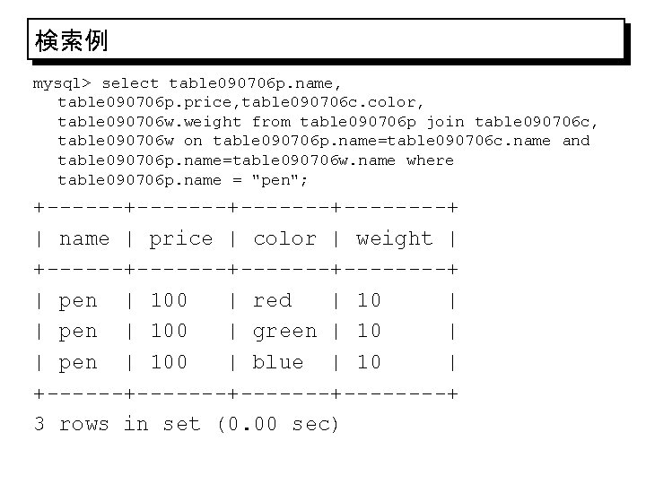 検索例 mysql> select table 090706 p. name, table 090706 p. price, table 090706 c.