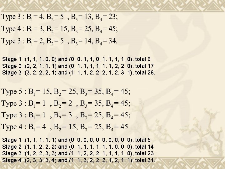 Stage 1 : (1, 1, 1, 0, 0) and (0, 0, 1, 1, 0),