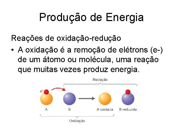 Produção de Energia Reações de oxidação-redução • A oxidação é a remoção de elétrons