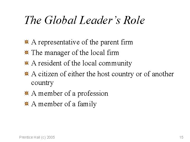 The Global Leader’s Role A representative of the parent firm The manager of the