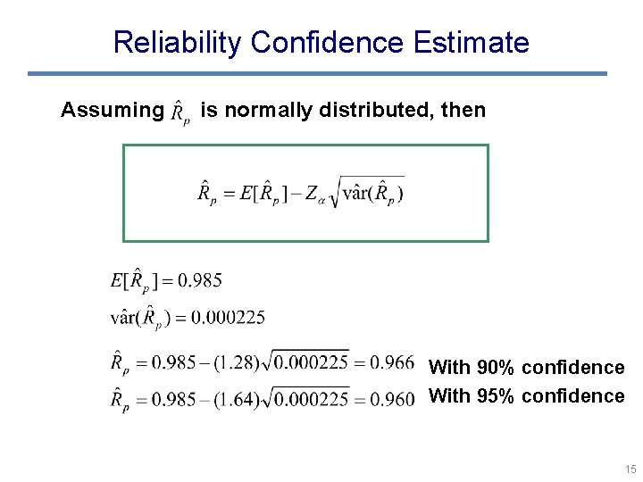 Reliability Confidence Estimate Assuming is normally distributed, then With 90% confidence With 95% confidence