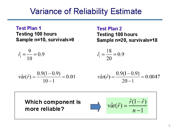 Variance of Reliability Estimate Test Plan 1 Testing 100 hours Sample n=10, survivals=9 Test