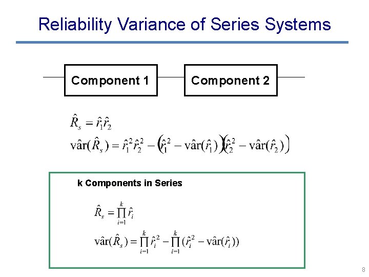 Reliability Variance of Series Systems Component 1 Component 2 k Components in Series 8