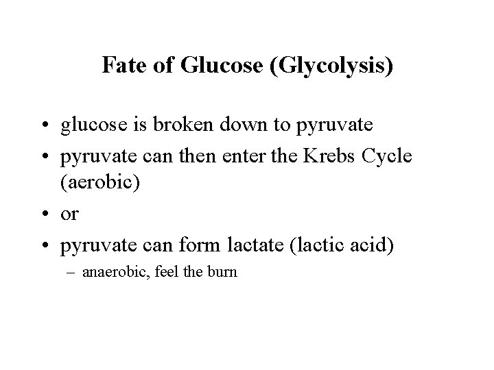 Fate of Glucose (Glycolysis) • glucose is broken down to pyruvate • pyruvate can