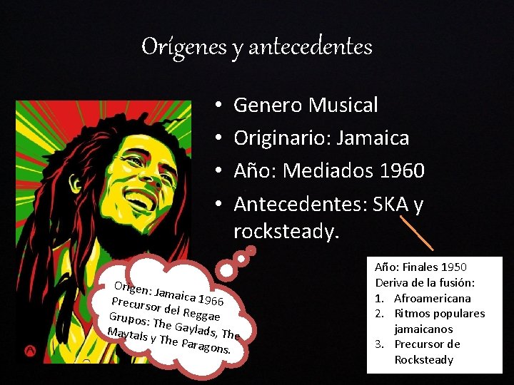 Orígenes y antecedentes • • Genero Musical Originario: Jamaica Año: Mediados 1960 Antecedentes: SKA
