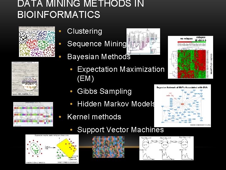 DATA MINING METHODS IN BIOINFORMATICS • Clustering • Sequence Mining • Bayesian Methods •