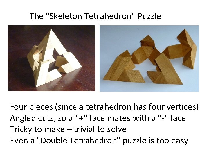 The "Skeleton Tetrahedron" Puzzle Four pieces (since a tetrahedron has four vertices) Angled cuts,