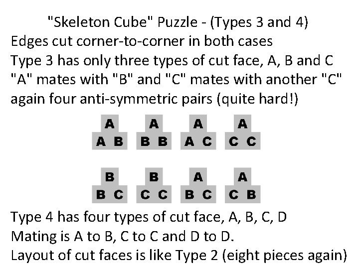 "Skeleton Cube" Puzzle - (Types 3 and 4) Edges cut corner-to-corner in both cases