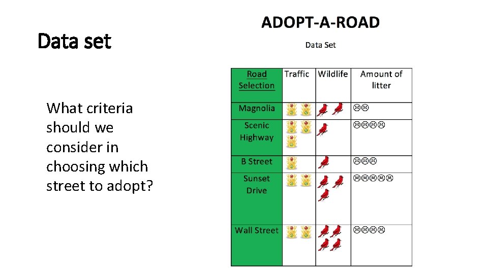 Data set What criteria should we consider in choosing which street to adopt? 