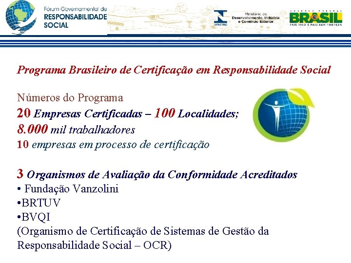 Programa Brasileiro de Certificação em Responsabilidade Social Números do Programa 20 Empresas Certificadas –