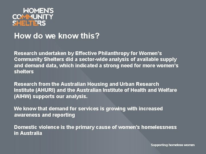 How do we know this? Research undertaken by Effective Philanthropy for Women’s Community Shelters