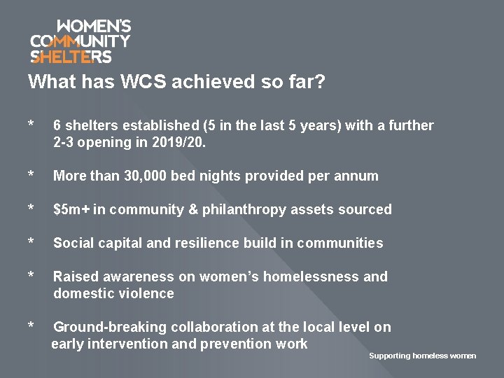 What has WCS achieved so far? * 6 shelters established (5 in the last