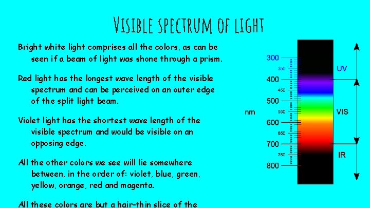 Visible spectrum of light Bright white light comprises all the colors, as can be