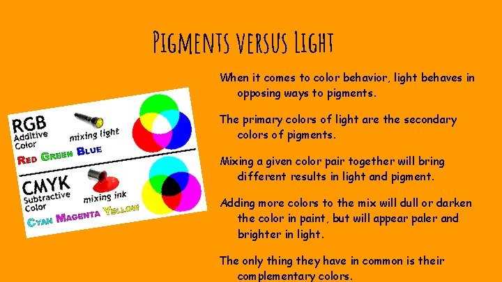 Pigments versus Light When it comes to color behavior, light behaves in opposing ways