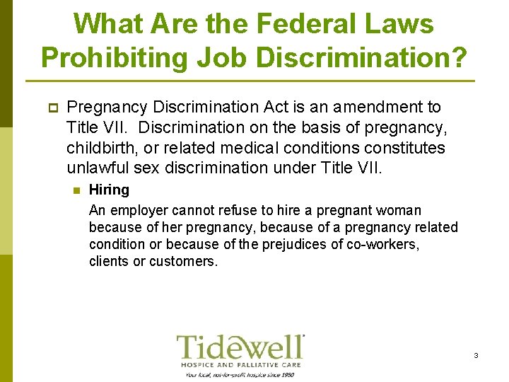 What Are the Federal Laws Prohibiting Job Discrimination? p Pregnancy Discrimination Act is an