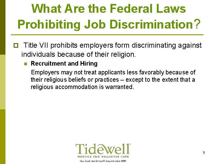 What Are the Federal Laws Prohibiting Job Discrimination? p Title VII prohibits employers form