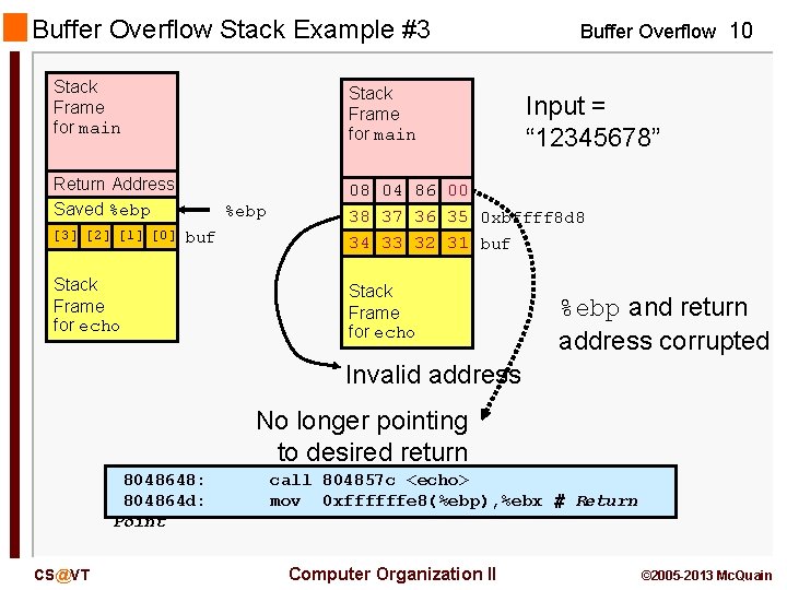 Buffer Overflow Stack Example #3 Buffer Overflow 10 Stack Frame for main Return Address