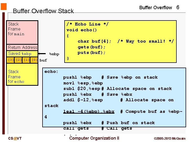 Buffer Overflow 6 Buffer Overflow Stack Frame for main Return Address Saved %ebp [3]