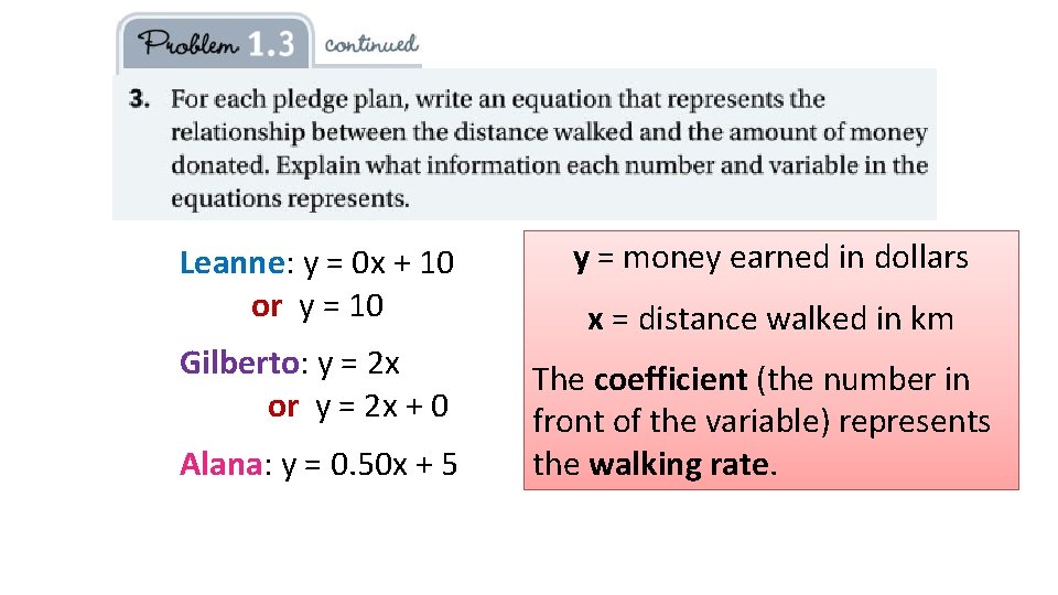 Leanne: y = 0 x + 10 or y = 10 y = money