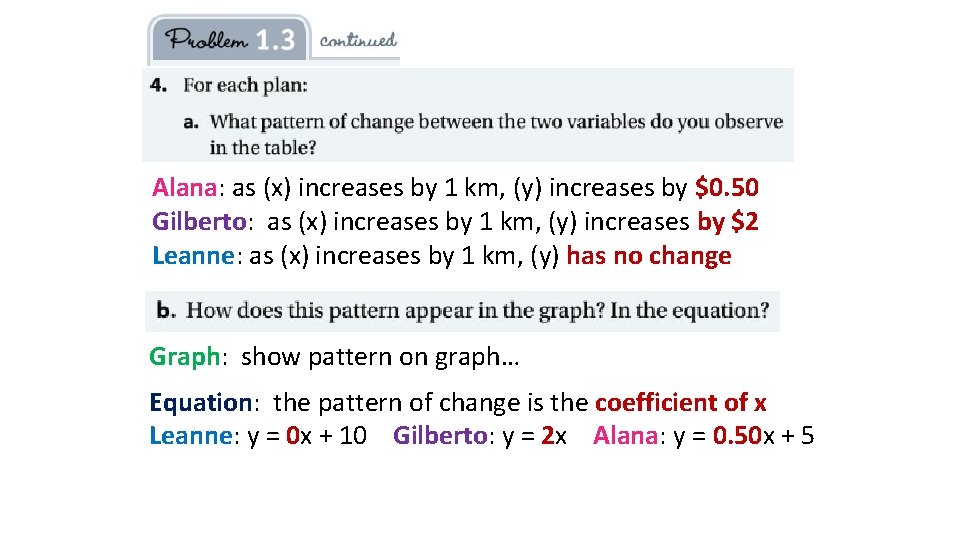 Alana: as (x) increases by 1 km, (y) increases by $0. 50 Gilberto: as