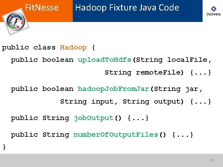 Fit. Nesse Hadoop Fixture Java Code public class Hadoop { public boolean upload. To.