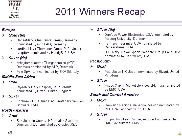 2011 Winners Recap Europe Ø Gold (tie) • • Hanse. Merkur Insurance Group, Germany