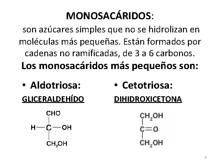 MONOSACÁRIDOS: son azúcares simples que no se hidrolizan en moléculas más pequeñas. Están formados