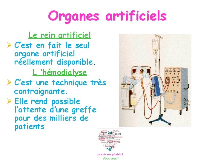 Organes artificiels Le rein artificiel C’est en fait le seul organe artificiel réellement disponible.