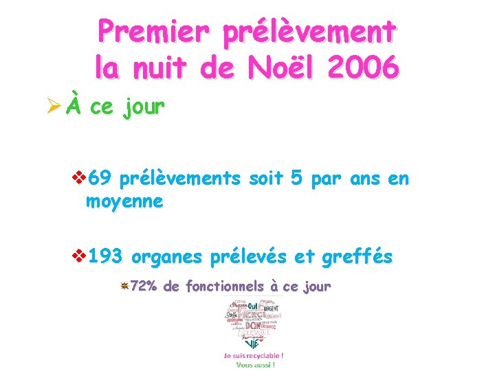 Premier prélèvement la nuit de Noël 2006 À ce jour 69 prélèvements soit 5