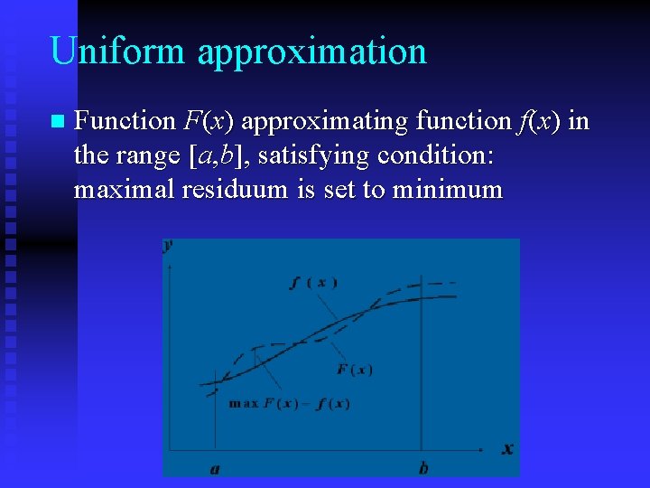 Uniform approximation n Function F(x) approximating function f(x) in the range [a, b], satisfying
