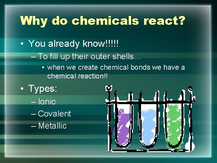 Why do chemicals react? • You already know!!!!! – To fill up their outer