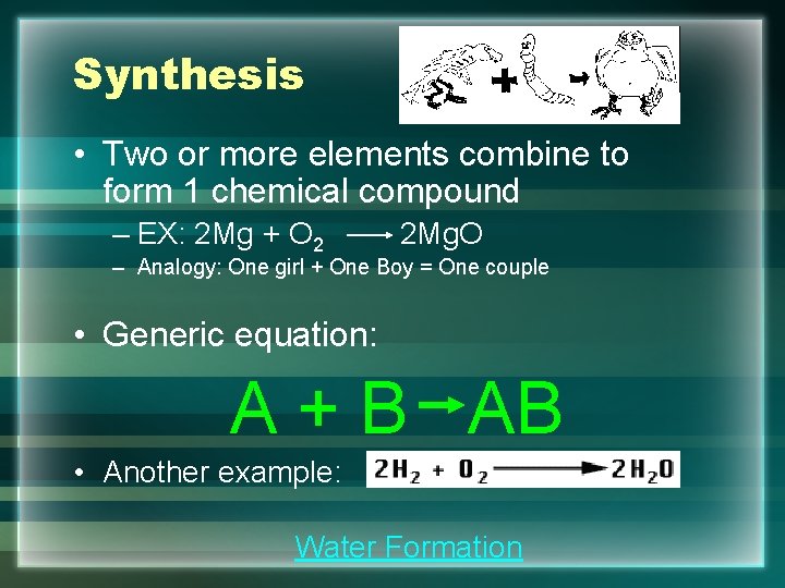 Synthesis • Two or more elements combine to form 1 chemical compound – EX: