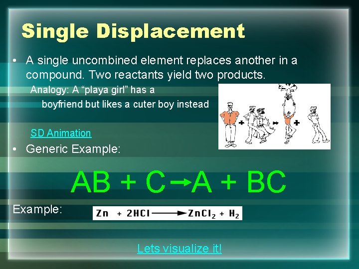 Single Displacement • A single uncombined element replaces another in a compound. Two reactants