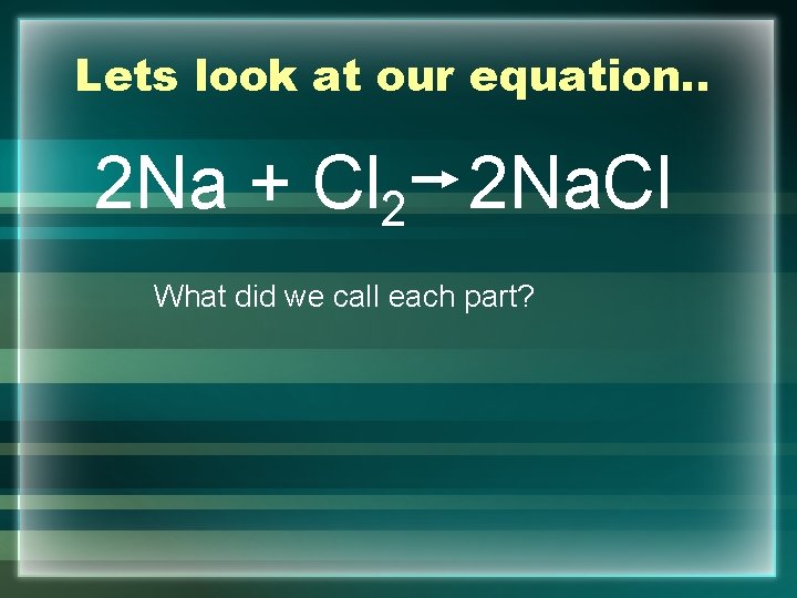 Lets look at our equation. . 2 Na + Cl 2 2 Na. Cl