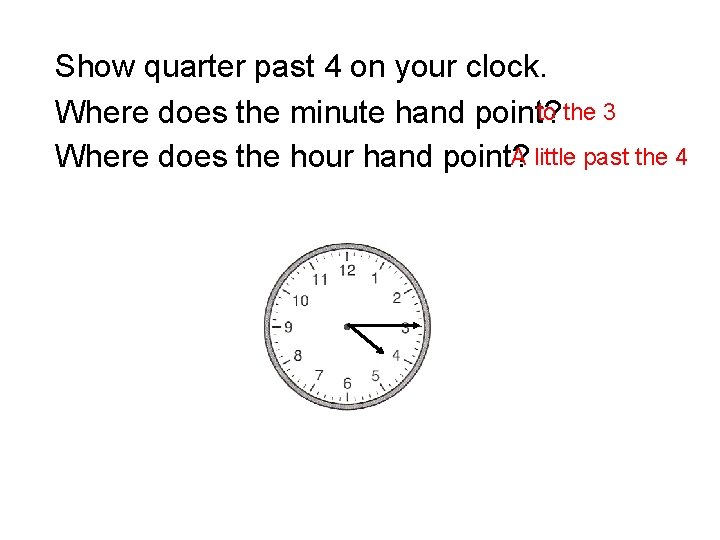 Show quarter past 4 on your clock. to the 3 Where does the minute