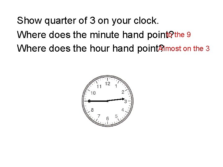 Show quarter of 3 on your clock. to the 9 Where does the minute