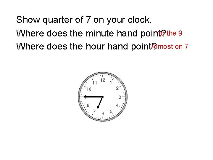 Show quarter of 7 on your clock. to the 9 Where does the minute