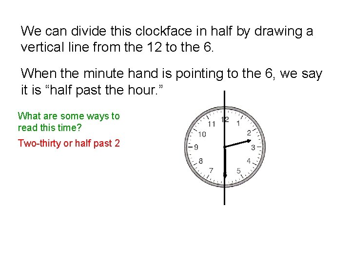 We can divide this clockface in half by drawing a vertical line from the