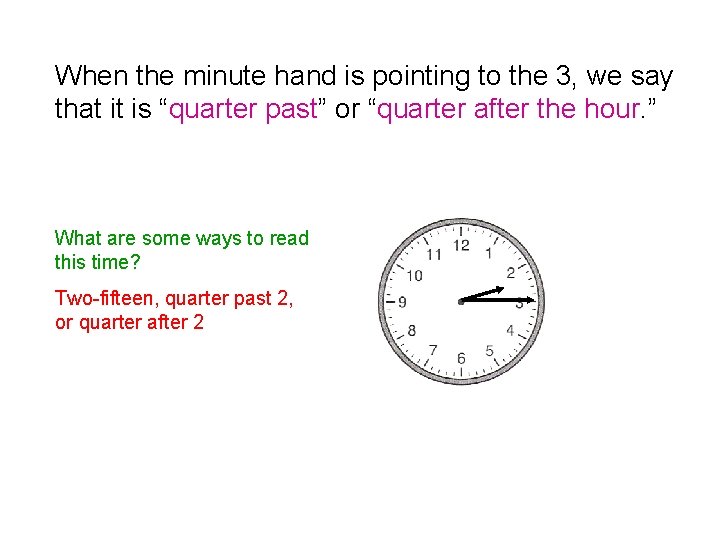 When the minute hand is pointing to the 3, we say that it is