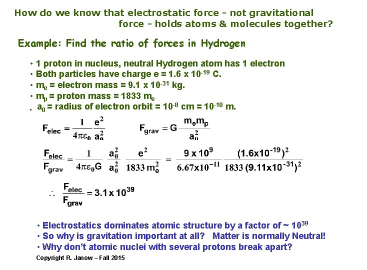 How do we know that electrostatic force - not gravitational force - holds atoms