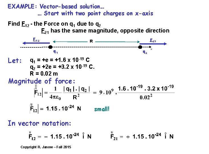 EXAMPLE: Vector-based solution… … Start with two point charges on x-axis Find F 12